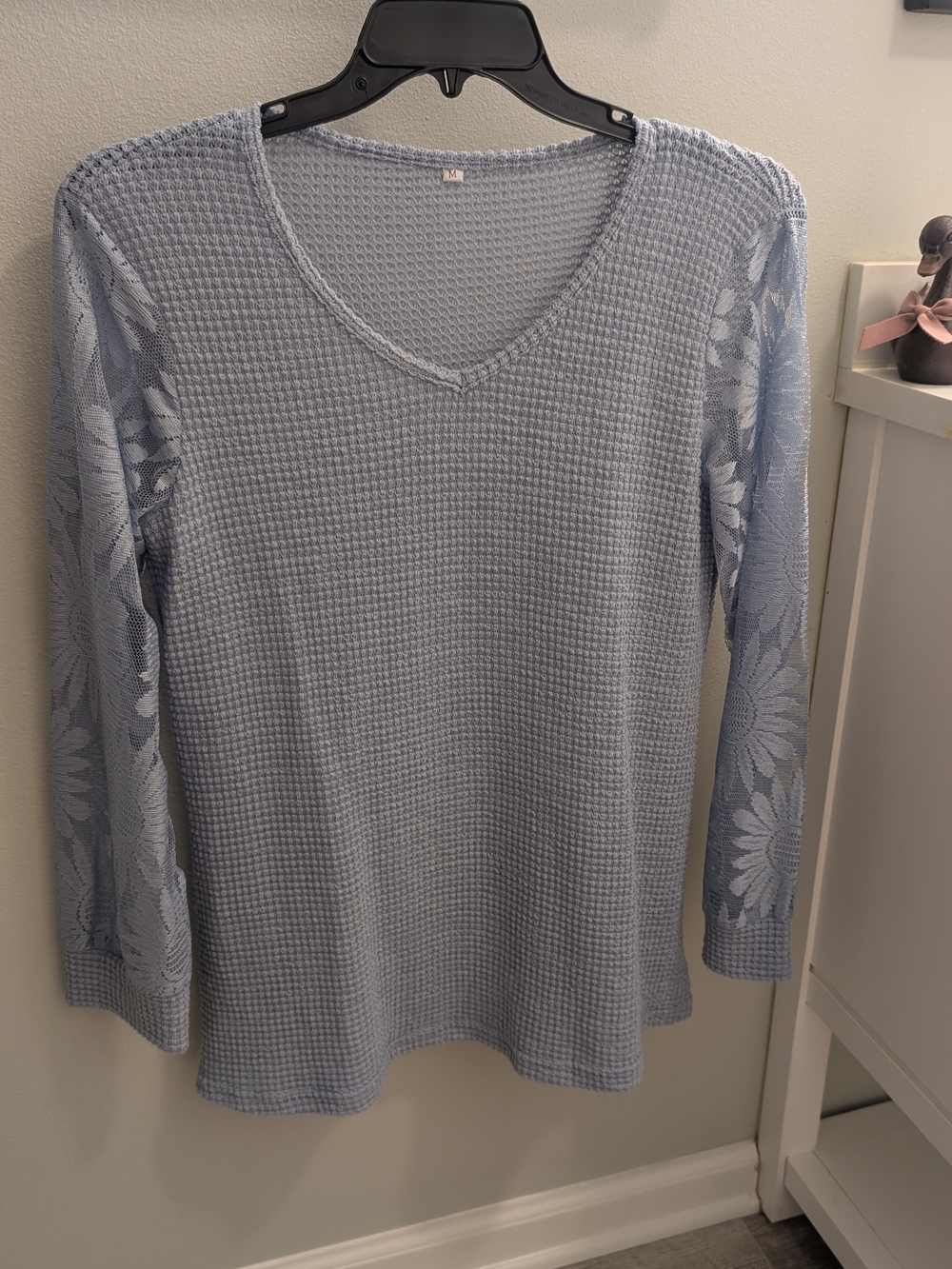 Light Blue Lace-Sleeve V-Neck Women's Top